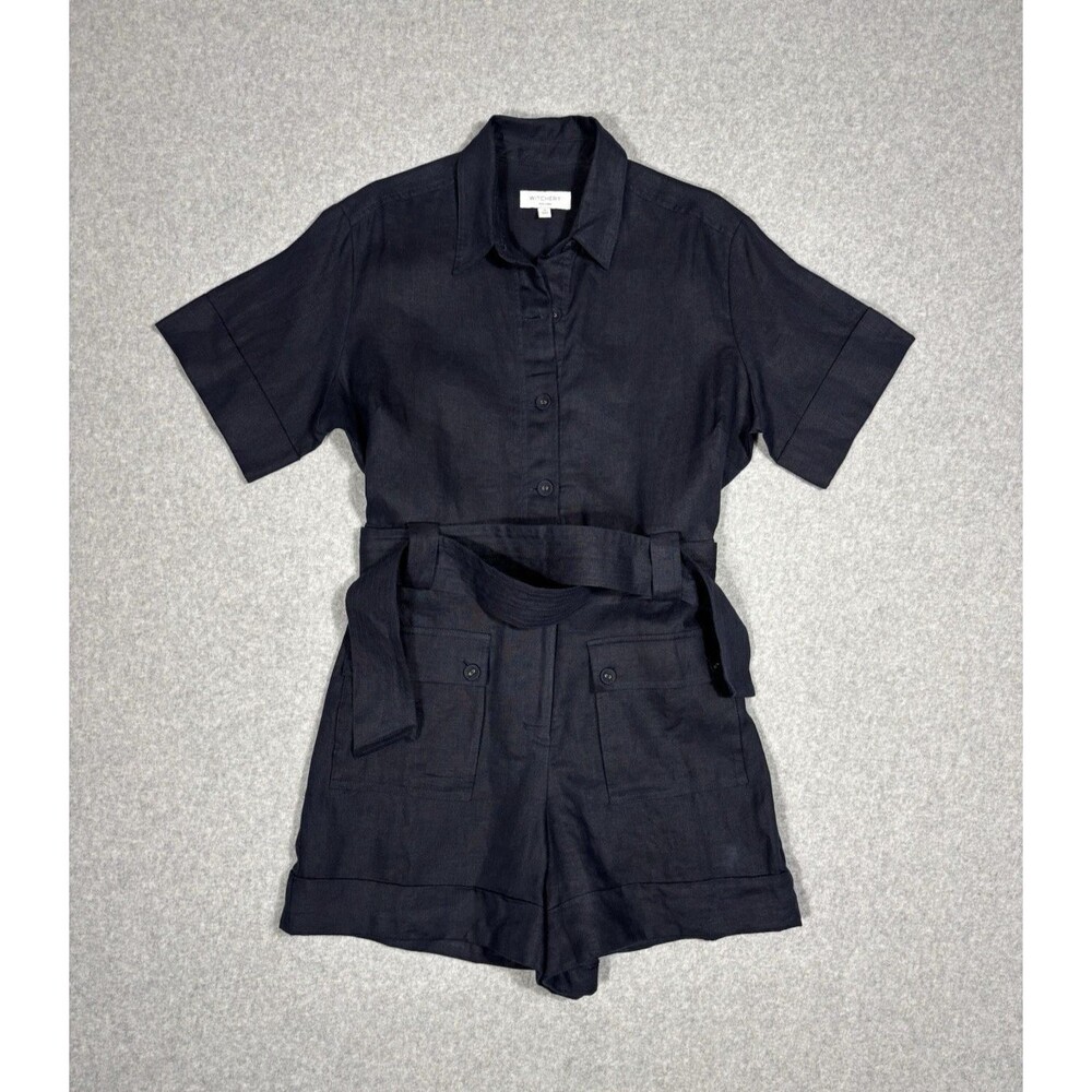 Witchery Shorts Romper Women Navy Blue Linen Tie Waist Lined Patch Pocket Sz 10